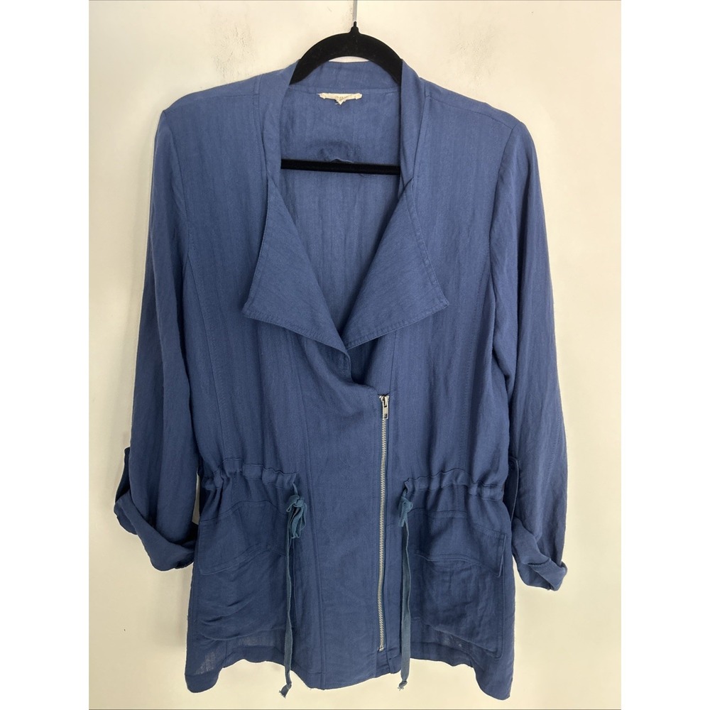 Free People Navy Rolled Tab Sleeve Off Center Zipper Drawstring Waist Jacket M